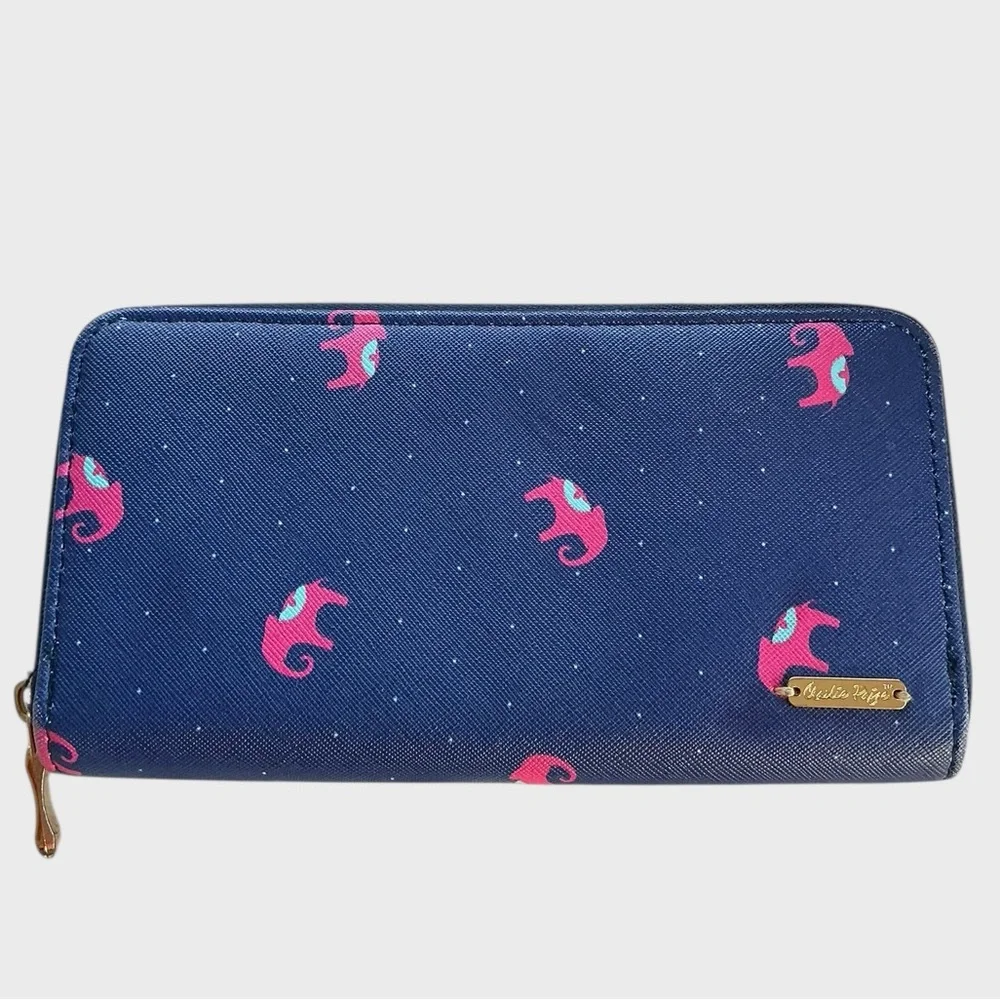 Charlie Paige Elephant Print Zip Around Wallet Navy Pink Long Wallet